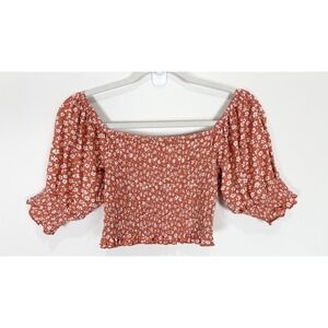 Billabong Coastal Sands Knit Top Shirt Puff Sleeves Smocked Cropped Floral Med
